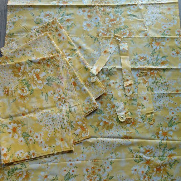Vintage Vinyl Window Curtains Yellow Floral Set of 4 Panels Tiebacks 33" x 46.5" - Picture 3 of 11